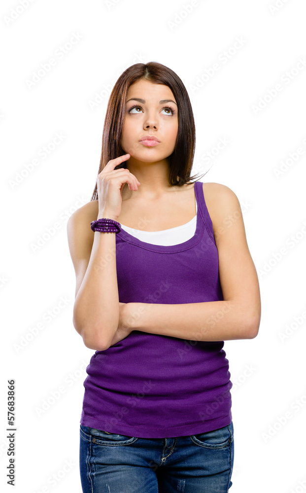 Half-length portrait of pensive young girl, isolated on white Half-length portrait of pensive young girl, isolated on white