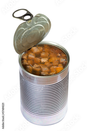 Opened dog or cat canned food isolated on pure white background. Clipping path
