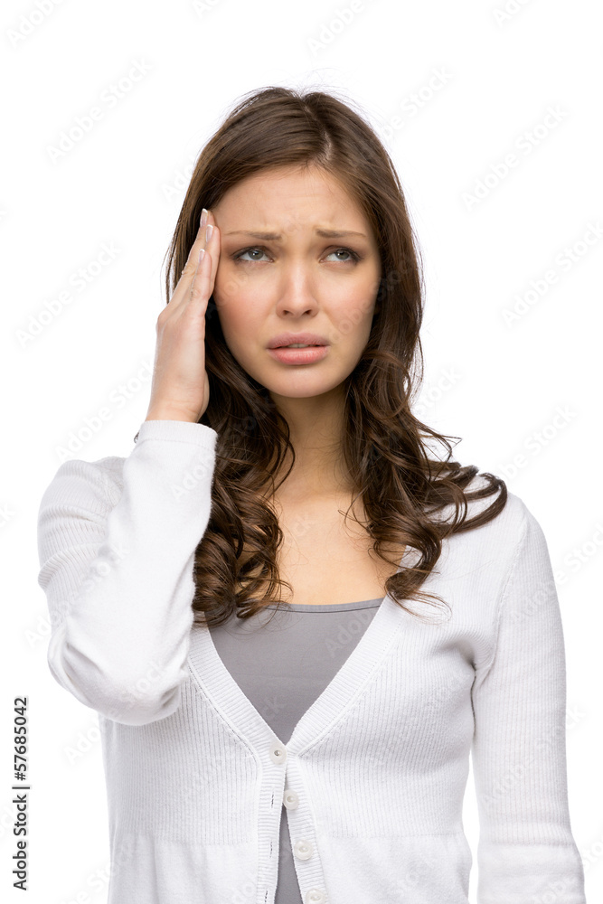 Half-length portrait of woman touching her head Half-length portrait of woman touching her head