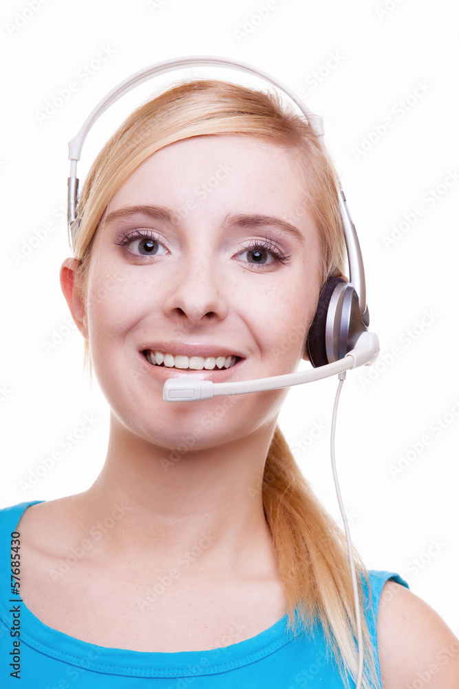 Girl with headphones and microphone headset on white Girl with headphones and microphone headset on white