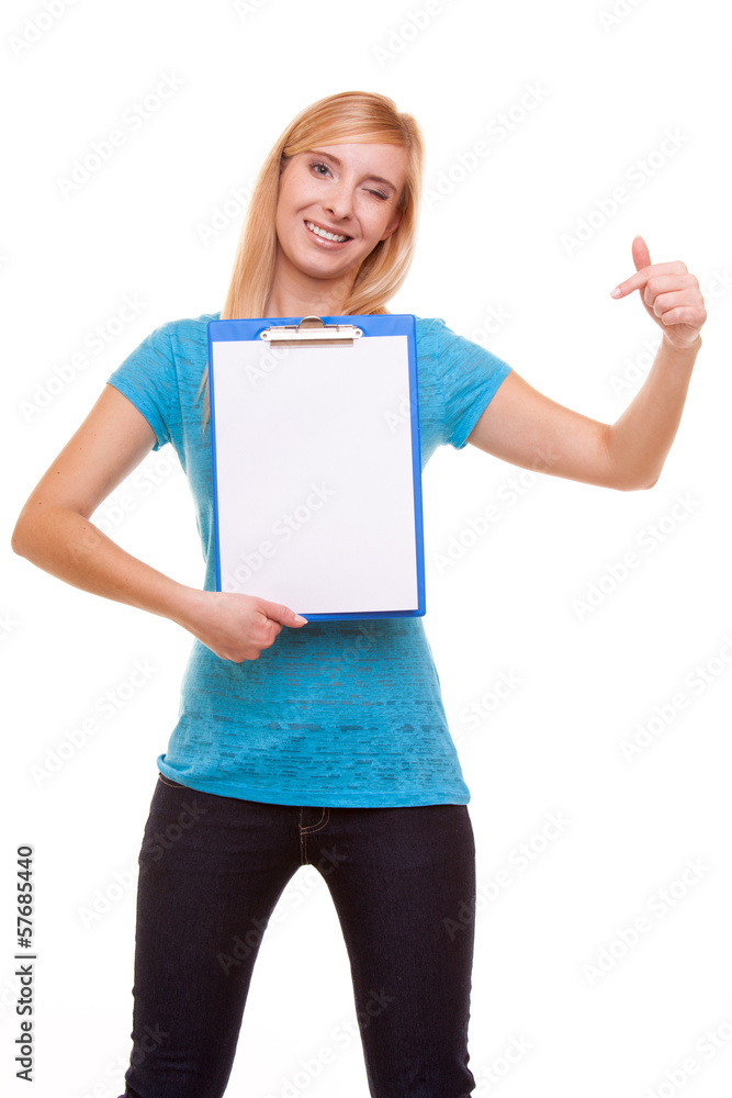 woman college student girl holds clipboard and points woman college student girl holds clipboard and points