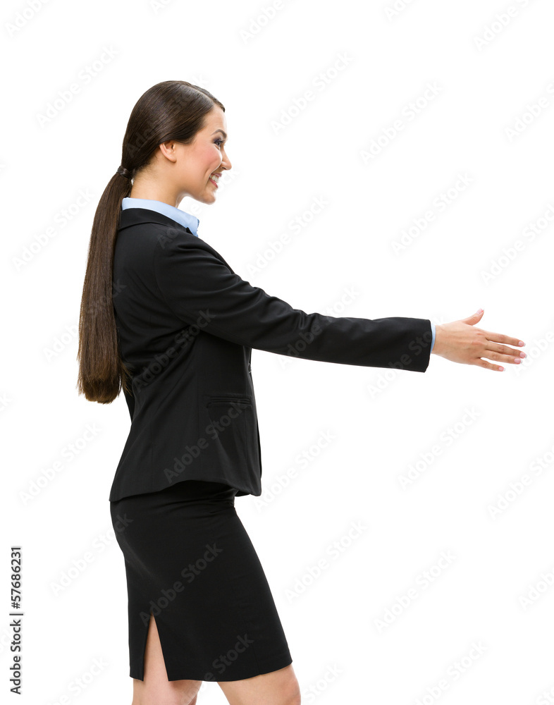 Half-length profile of businesswoman handshake gesturing Half-length profile of businesswoman handshake gesturing