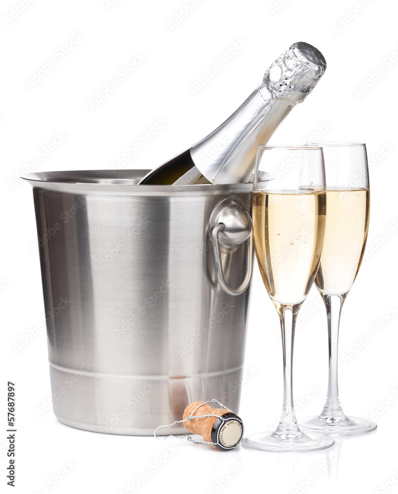 Champagne bottle in bucket and two glasses Champagne bottle in bucket and two glasses