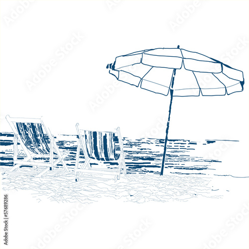 Pair of beach loungers on the deserted coast sea.