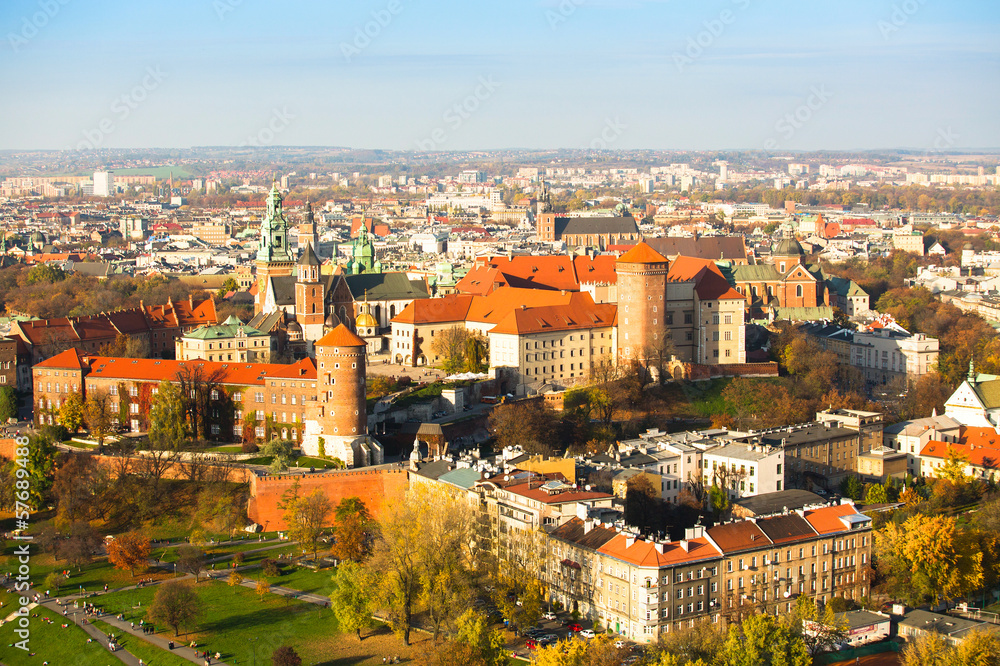 Aerial view of Royal Wawel castle with park in Krakow, Poland.