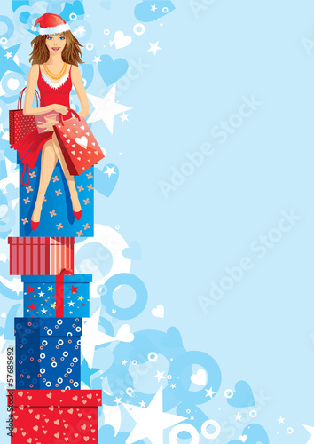 Christmas shopping . The beautiful santa girl with msny gifts photo