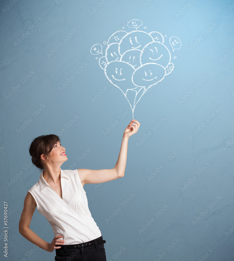 Happy woman holding smiling balloons drawing Happy woman holding smiling balloons drawing