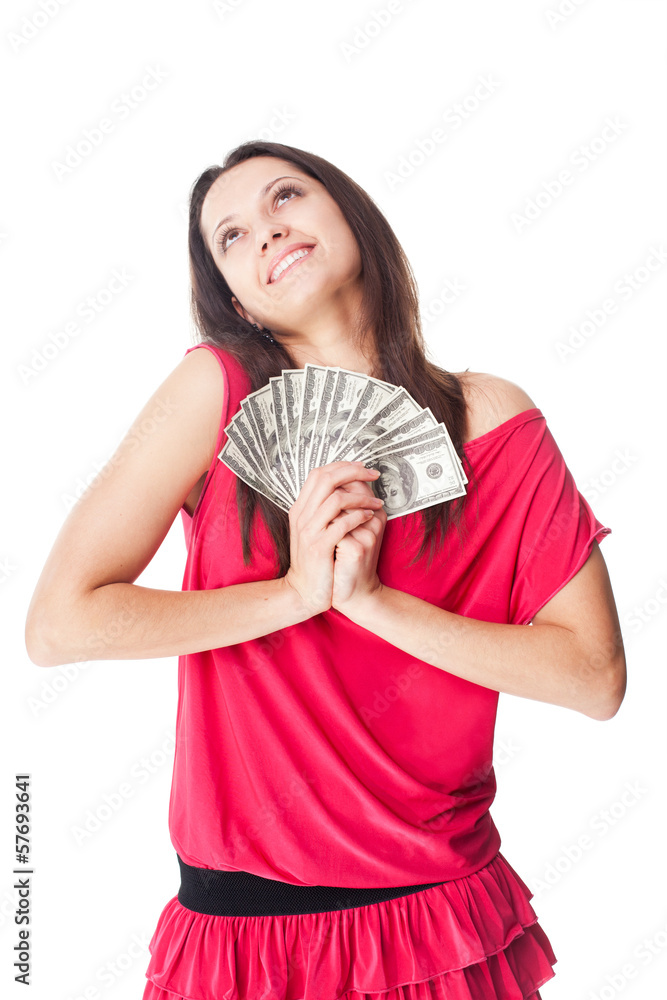 Woman holding cash and dreaming Woman holding cash and dreaming