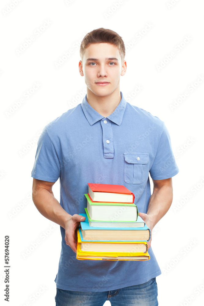 smiling student holding stack of books isolated on white smiling student holding stack of books isolated on white