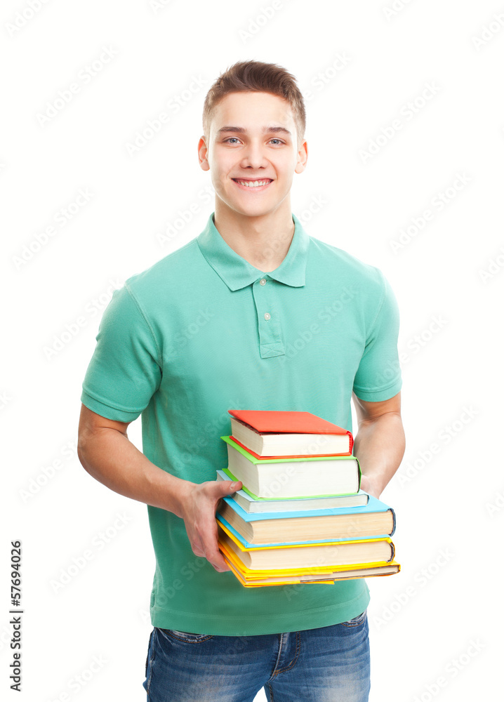 happy smiling student holding stack of books isolated on white happy smiling student holding stack of books isolated on white