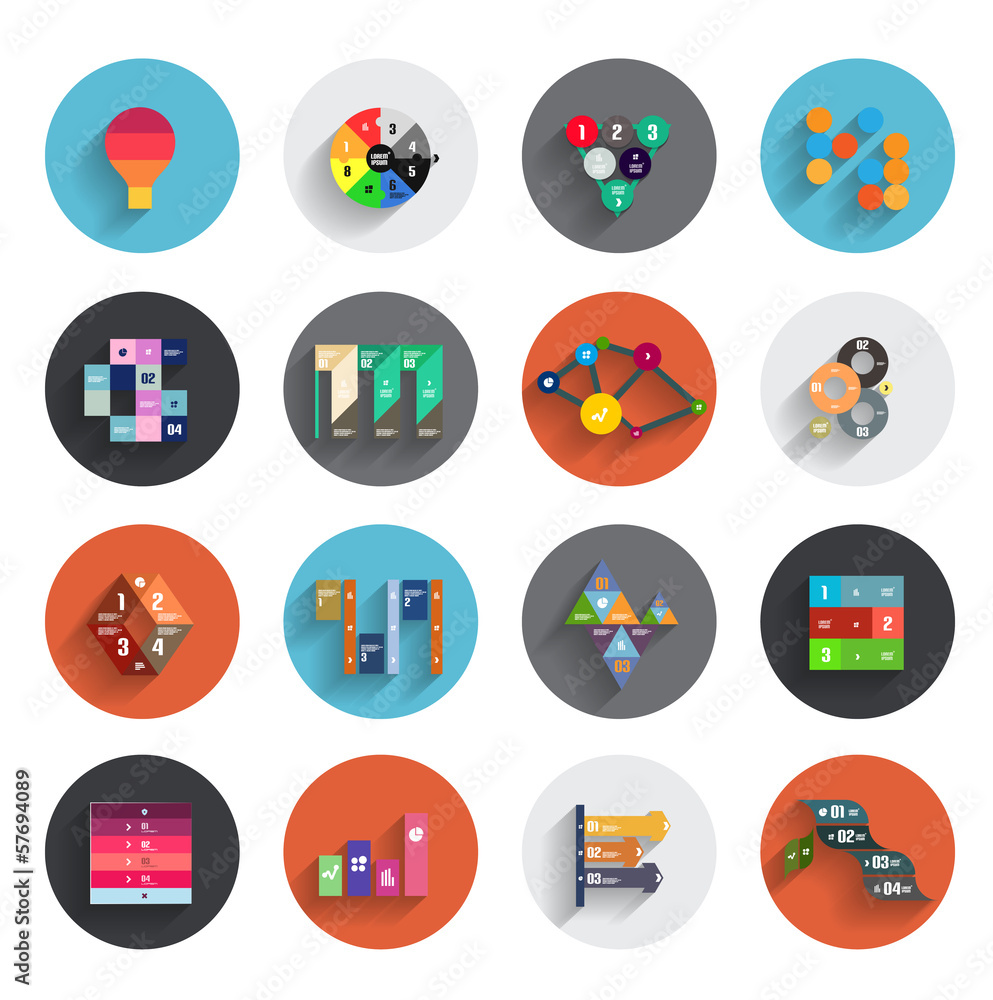 Infographic inside colorful circles. Flat icon set Infographic inside colorful circles. Flat icon set