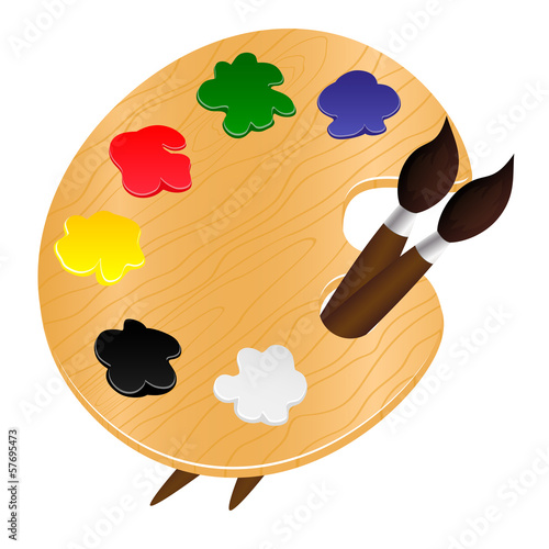 Wooden palette with paints and brushes - vector illustration