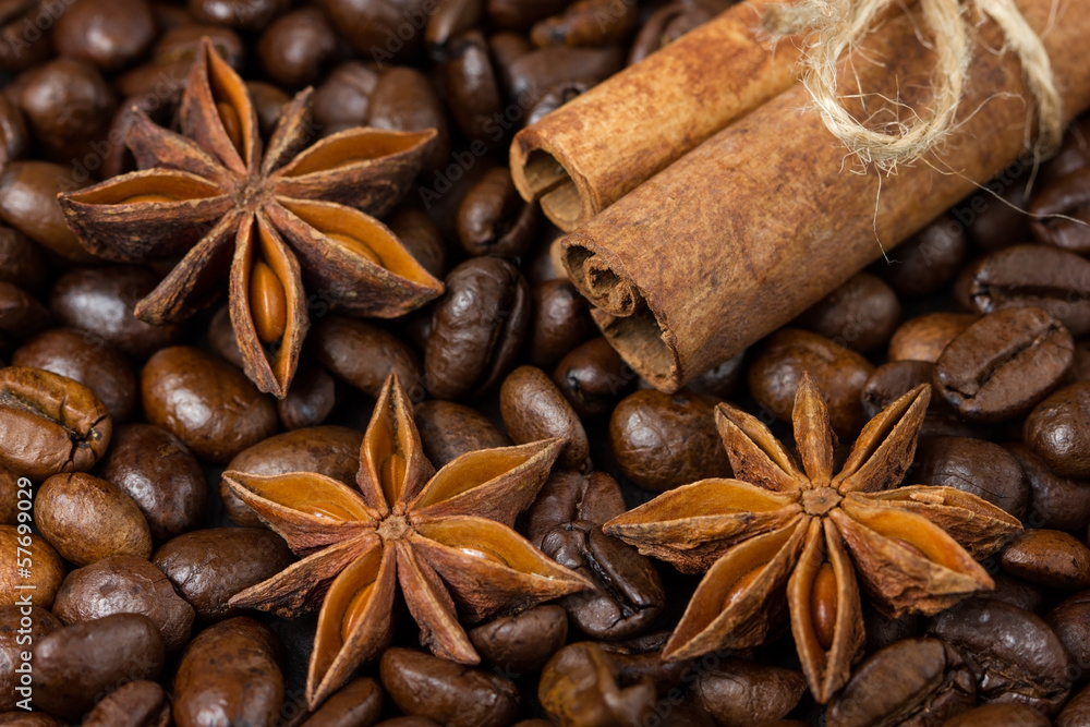 Close-up of anise stars, cinnamon and coffee Close-up of anise stars, cinnamon and coffee