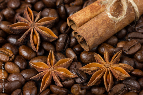 Close-up of anise stars, cinnamon and coffee