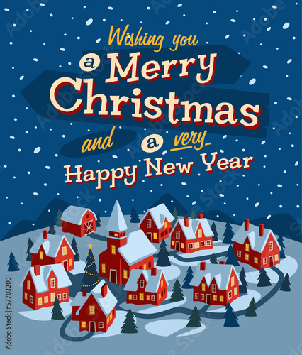 Snow covered little village. Merry Christmas illustration.