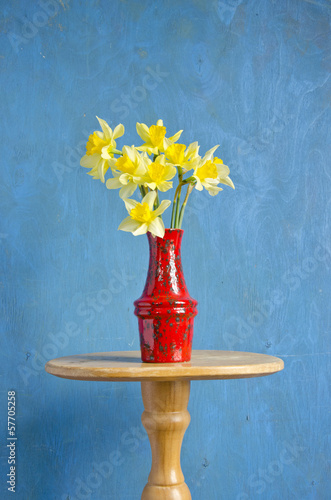 Fototapeta Naklejka Na Ścianę i Meble -  yellow fresh spring narcissus in red vase