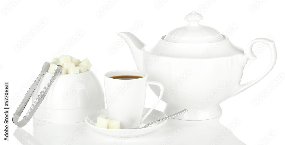 Cup of coffee,sugar-bowl and teapot isolated on white Cup of coffee,sugar-bowl and teapot isolated on white