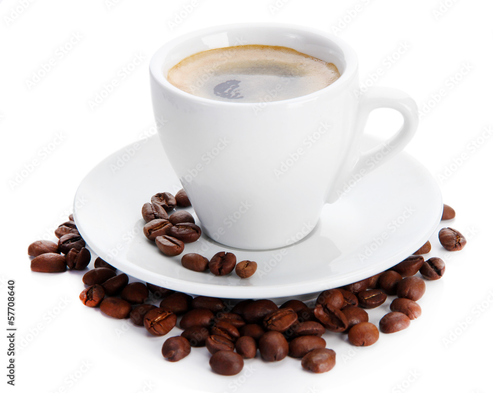 Cup of coffee with coffee beans, isolated on white Cup of coffee with coffee beans, isolated on white