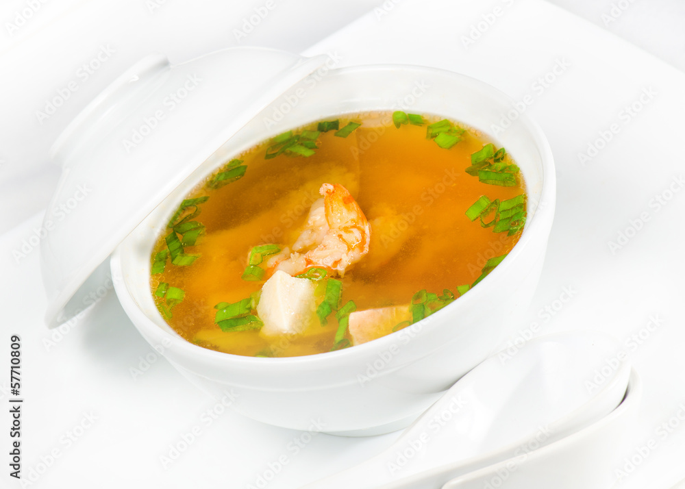 Asian noodle soup with fungus and shrimp in fron Asian noodle soup with fungus and shrimp in fron