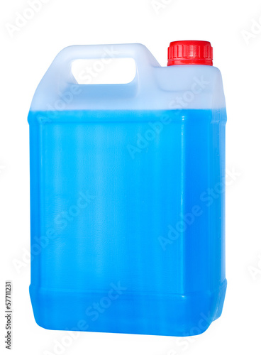Canister with blue liquid isolated on white background photo