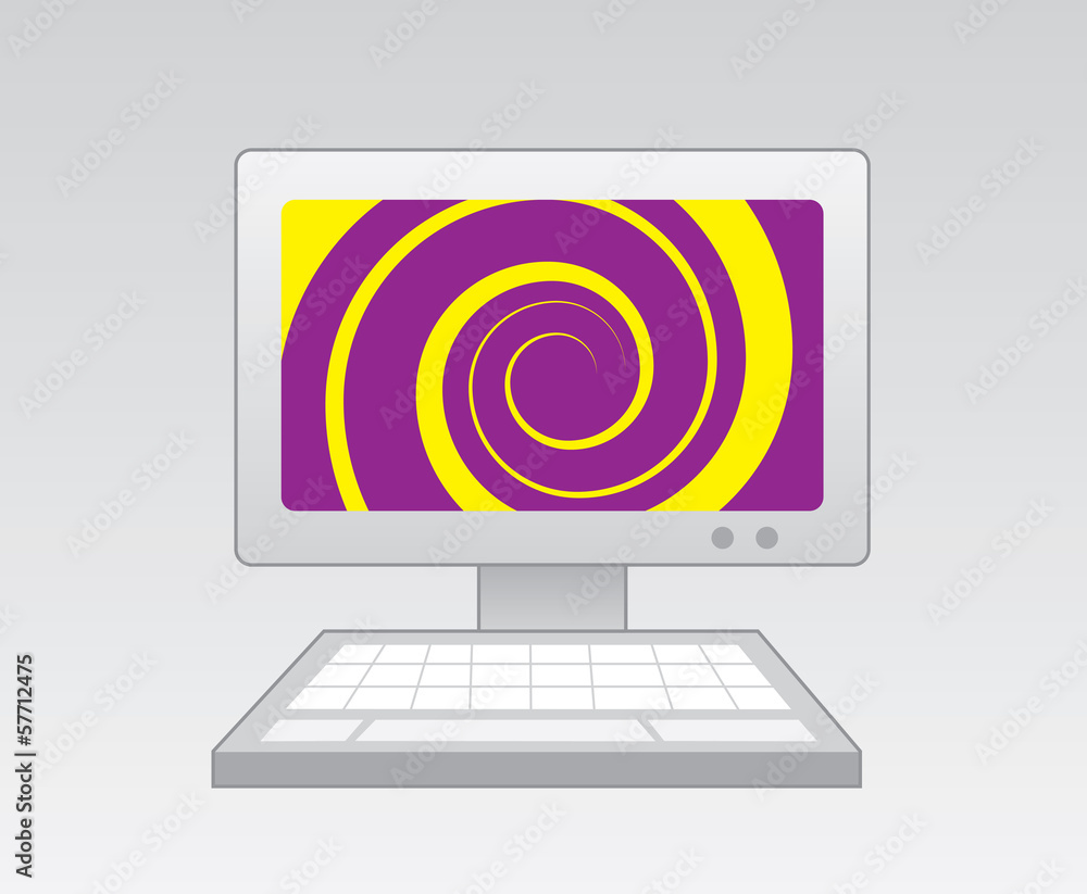Computer with purple yellow spiral on screen Computer with purple yellow spiral on screen