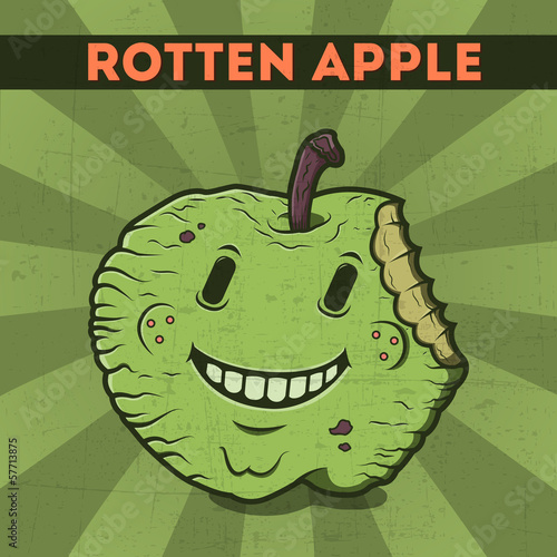 Cartoon rotten apple, on the scratchy retro background.