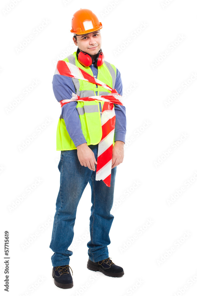 Worker wrapped in tape isolated on white