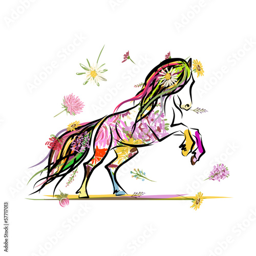 Horse sketch with floral decoration for your design. Symbol of