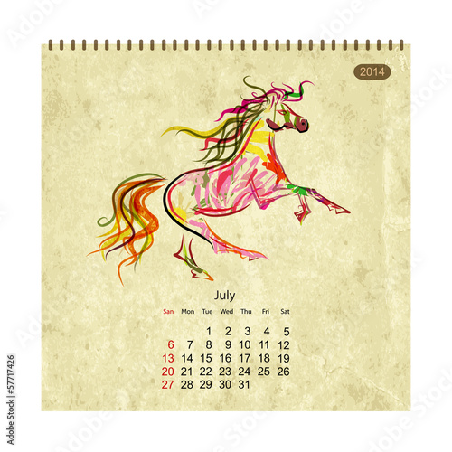 Calendar 2014, july. Art horses for your design