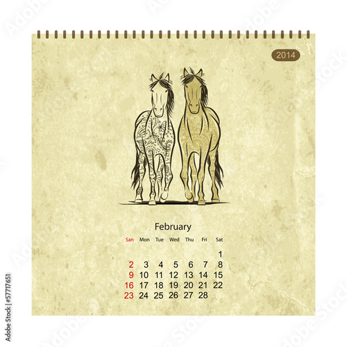 Calendar 2014, february. Art horses for your design
