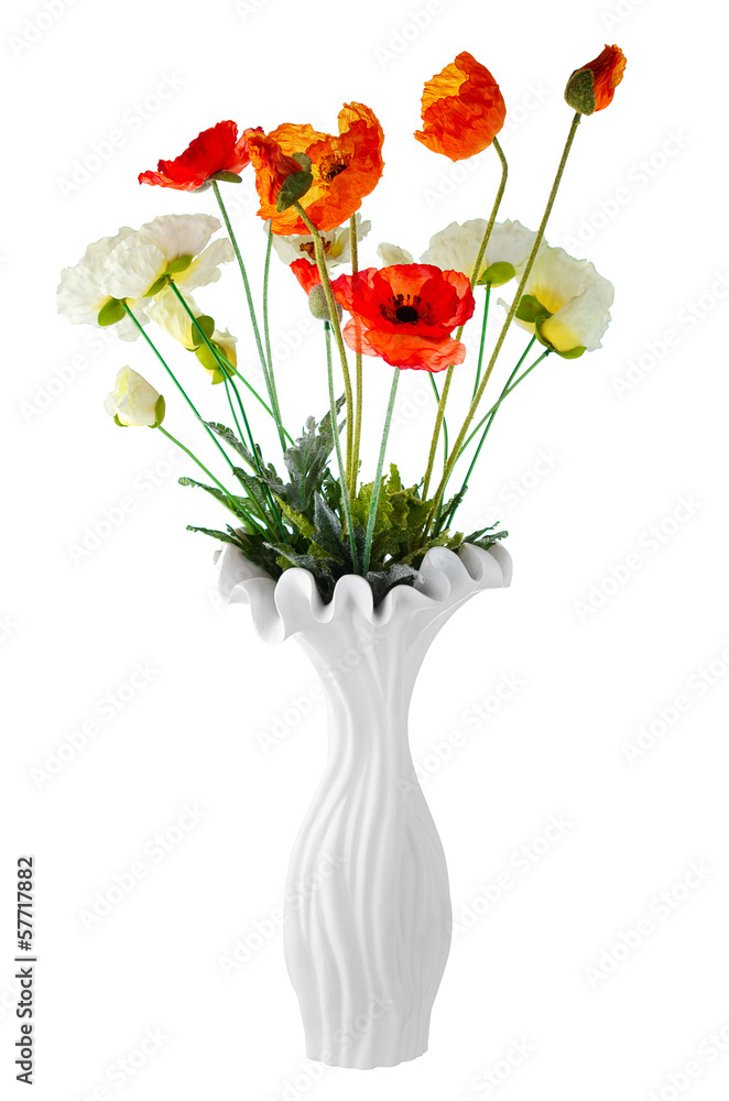 Bouquet of poppies in white vase isolated on white background Bouquet of poppies in white vase isolated on white background