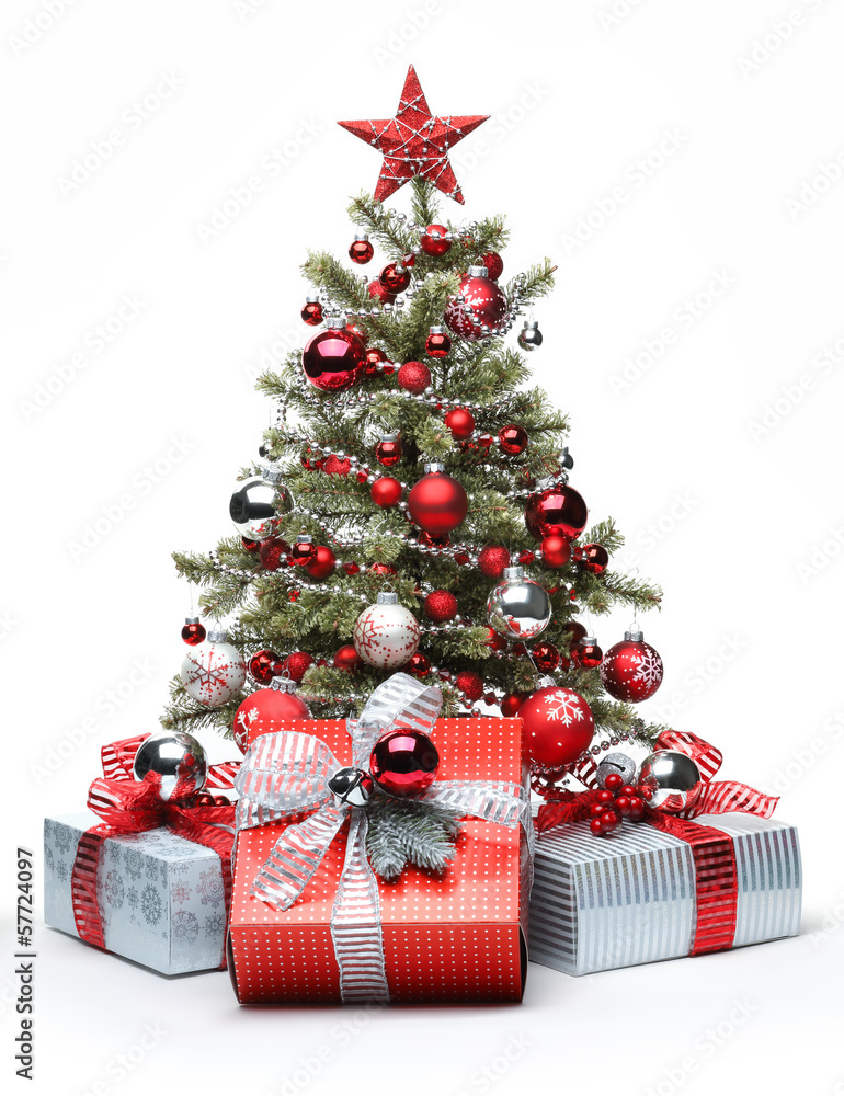 Decorated Christmas tree and gifts - obrazy, fototapety, plakaty 