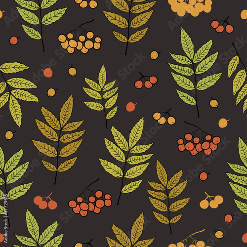 Autumn vector pattern with leaves and berries of mountain ash