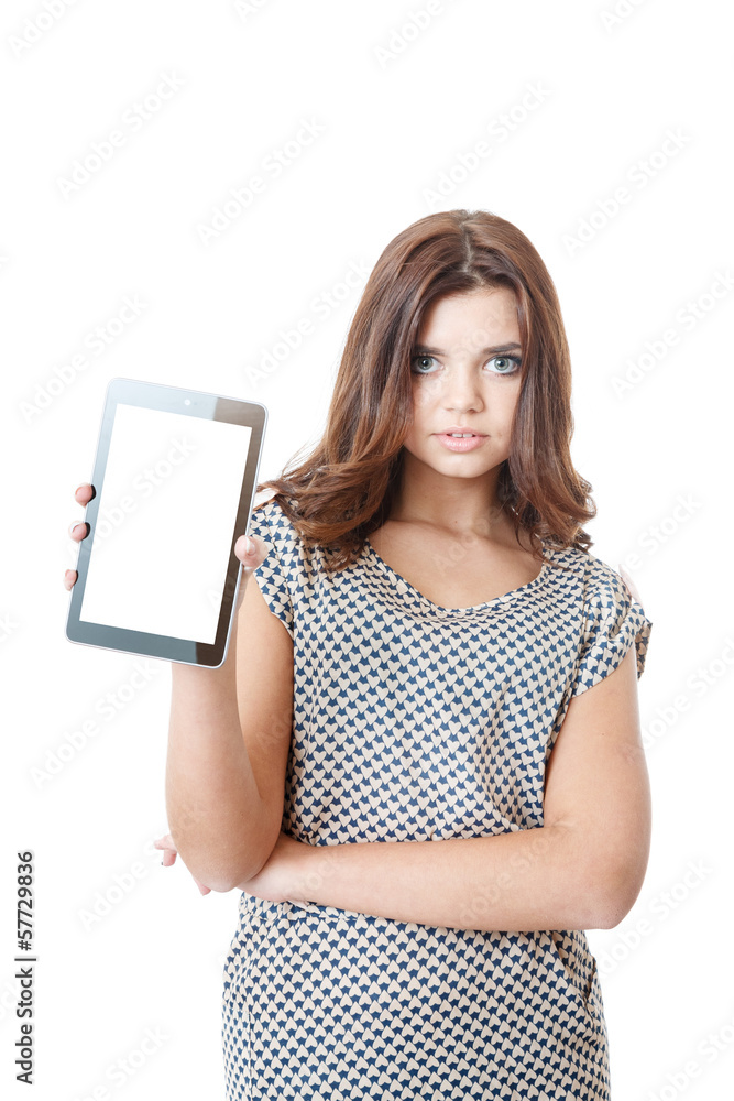 young female showing tablet pc young female showing tablet pc