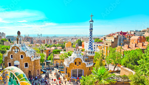 The Famous Summer Park Guell over bright blue sky in Barcelona