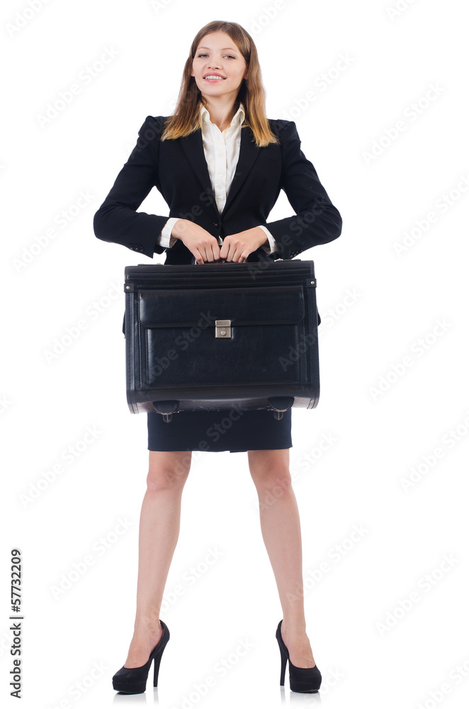 Woman preparing for vacation with suitcase on white Woman preparing for vacation with suitcase on white