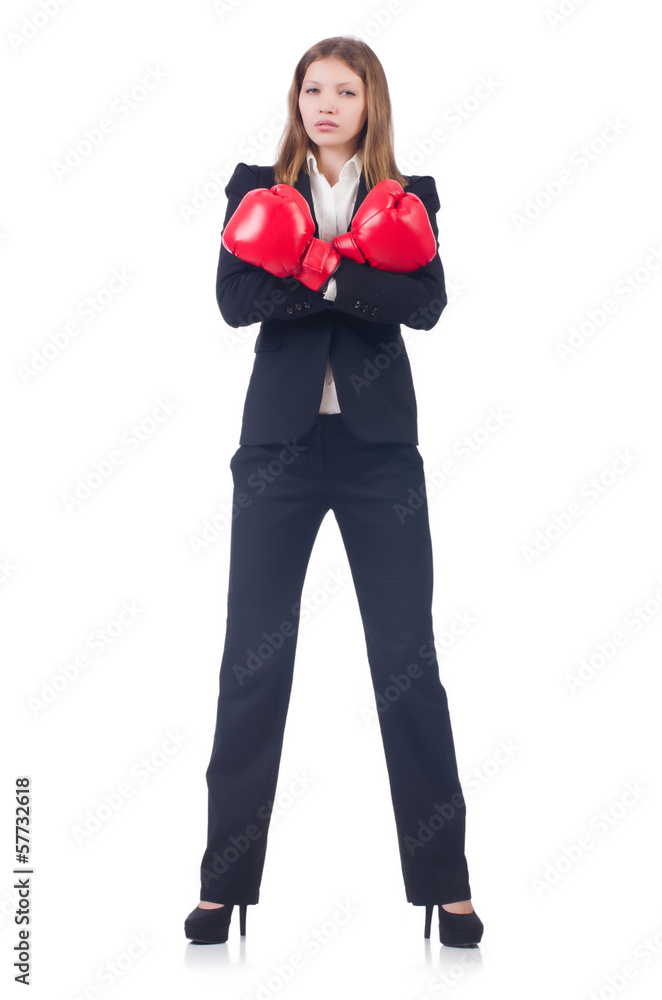 Woman businesswoman with boxing gloves on white Woman businesswoman with boxing gloves on white