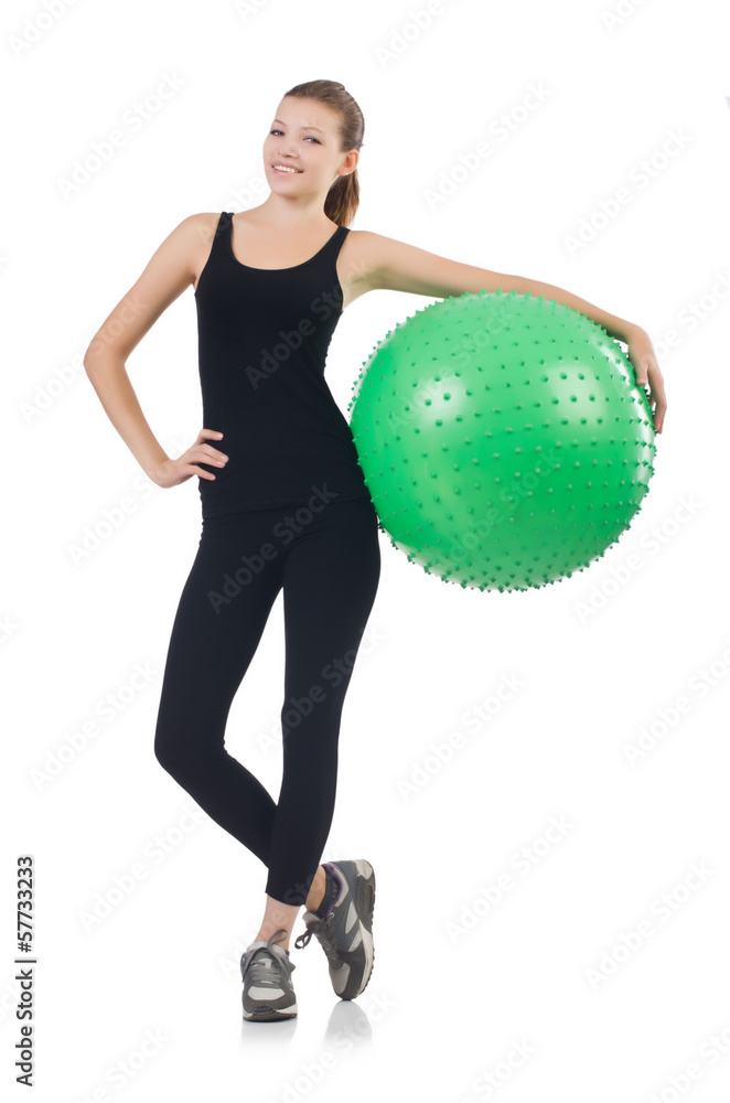 Young woman with ball exercising on whitee Young woman with ball exercising on whitee