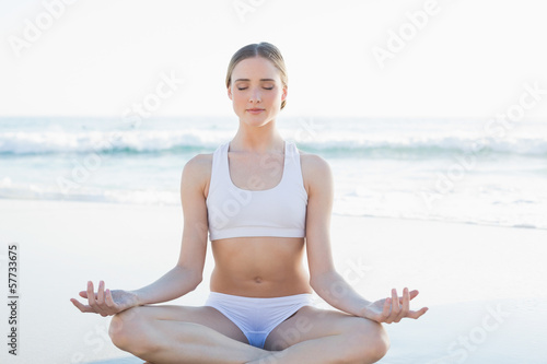 Beautiful brunette woman meditating sitting on the beach