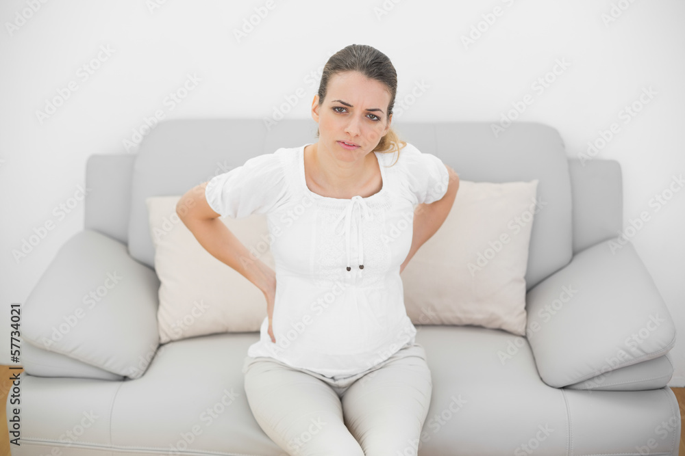 Lovely pregnant woman touching her injured back looking seriousl Lovely pregnant woman touching her injured back looking seriousl