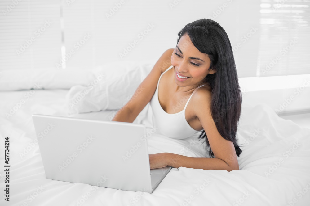 Pretty dark haired woman using her notebook lying on bed Pretty dark haired woman using her notebook lying on bed
