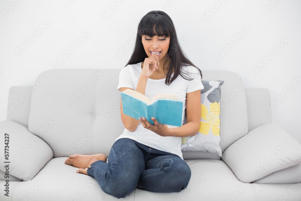 Calm dark haired woman reading a book sitting on couch Calm dark haired woman reading a book sitting on couch