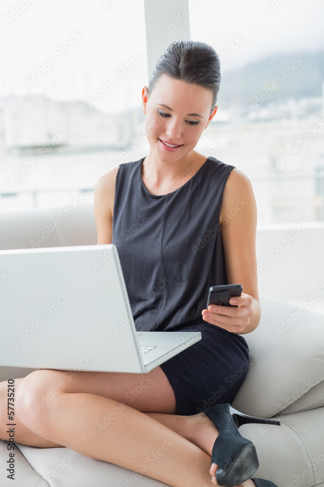 Beautiful well dressed woman using laptop and cellphone on sofa Beautiful well dressed woman using laptop and cellphone on sofa