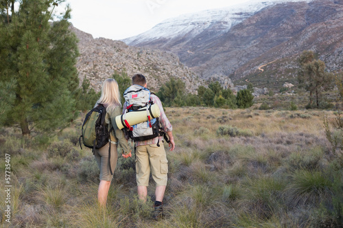 Couple with backpacks walking on forest landscape