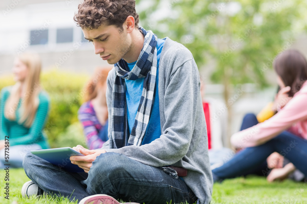College boy using tablet PC with blurred students in park College boy using tablet PC with blurred students in park
