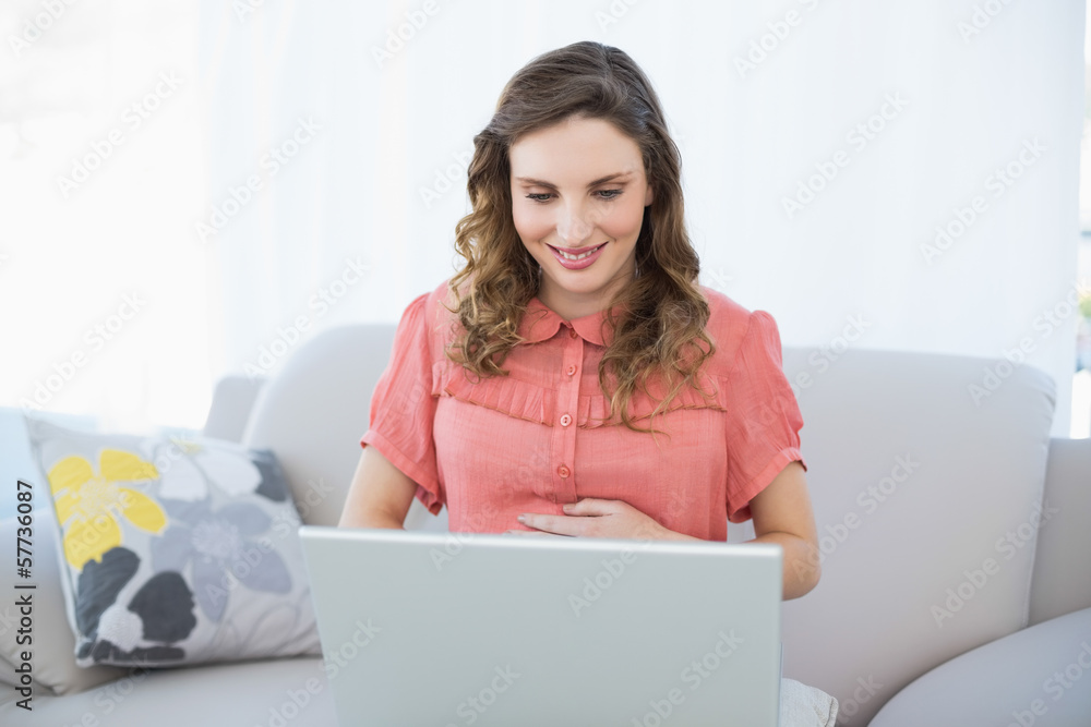 Content pregnant woman using her notebook sitting on couch in th Content pregnant woman using her notebook sitting on couch in th