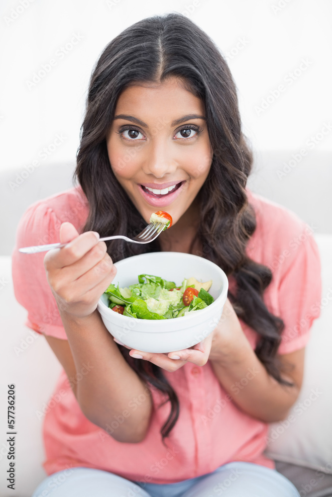 Smiling cute brunette sitting on couch holding salad bowl Smiling cute brunette sitting on couch holding salad bowl