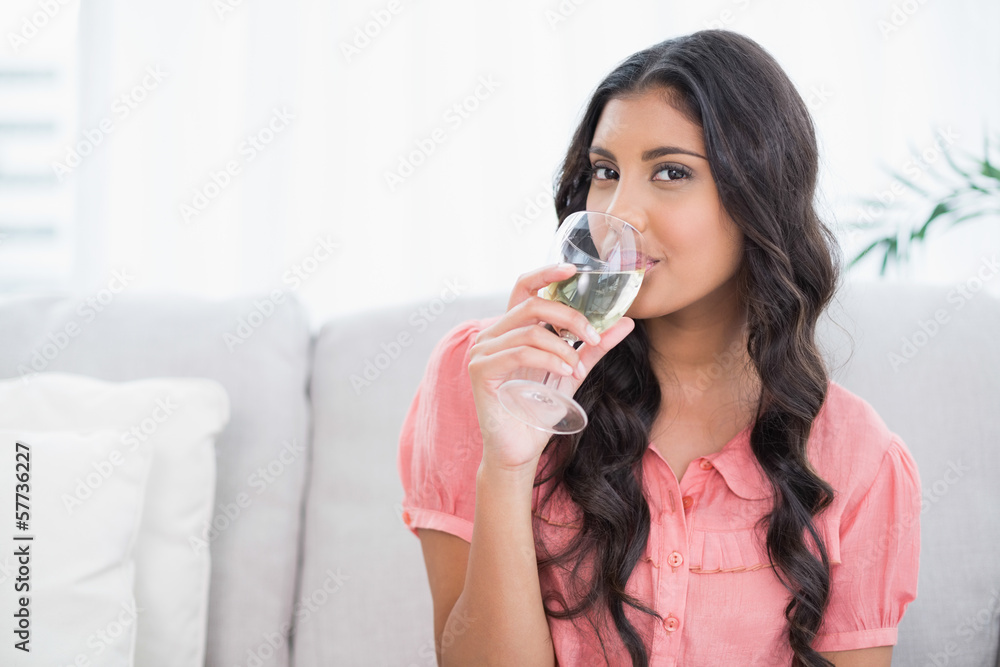 Happy cute brunette sitting on couch drinking white wine Happy cute brunette sitting on couch drinking white wine