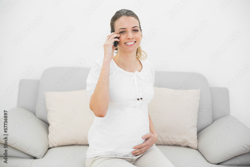 Gorgeous pregnant woman phoning with her smartphone smiling at c Gorgeous pregnant woman phoning with her smartphone smiling at c