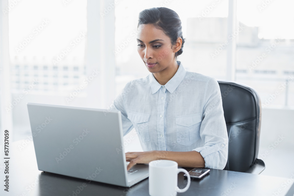 Focused black haired businesswoman working on her laptop Focused black haired businesswoman working on her laptop